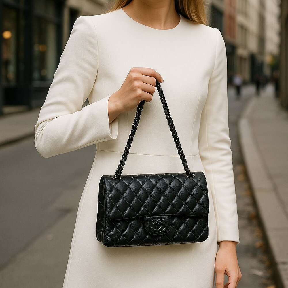 Chanel Medium Classic Double Flap Bag SO Black Crumpled Calfskin Black Hardware